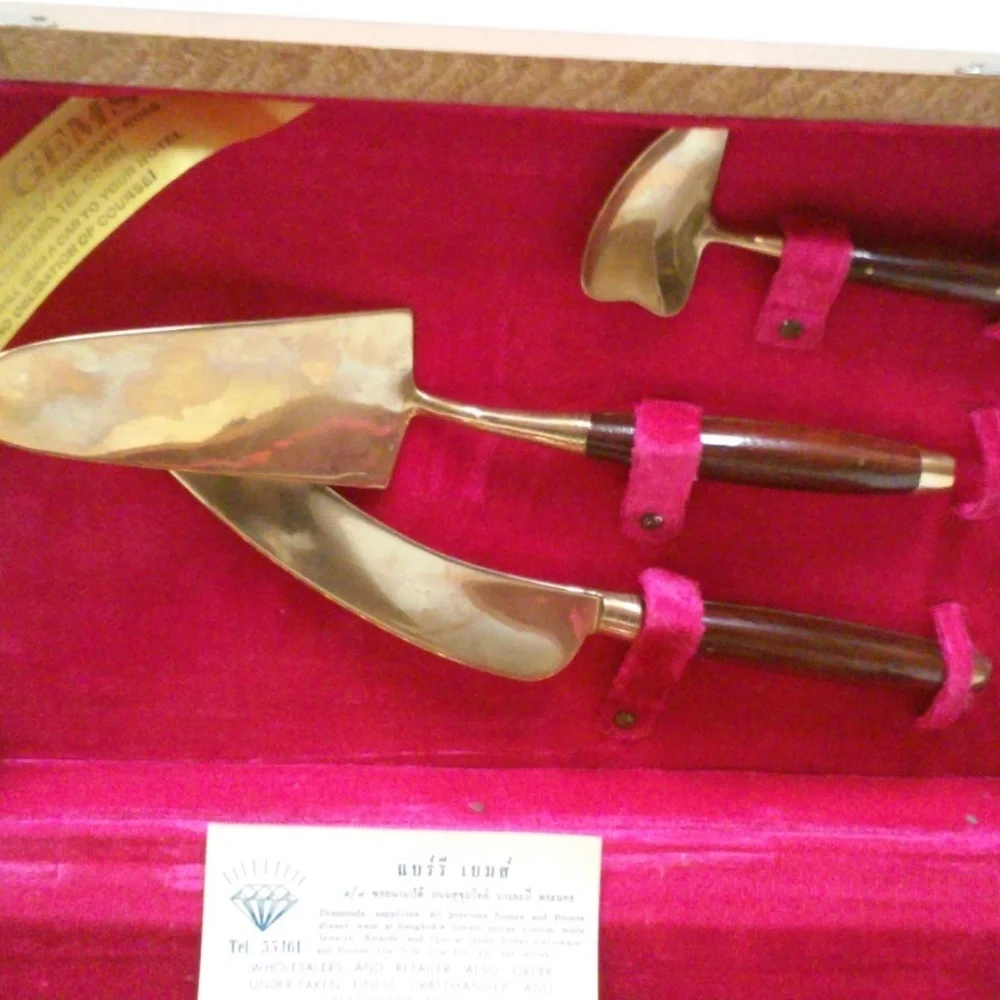 Vintage Brass Rosewood Flatware Appetizer Forks Dessert Spoons Serving Pieces